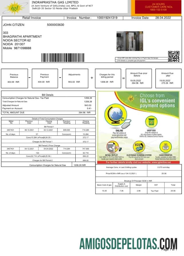 Conta de serviços públicos INDRAPRASHA GAS LIMITED da Índia amostra